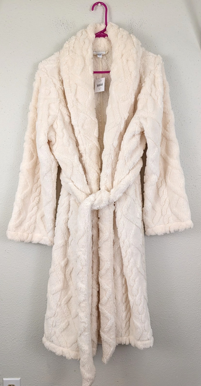New J.Jill Sleep sz XL Plush Bathrobe cream ties very soft long women robe hu